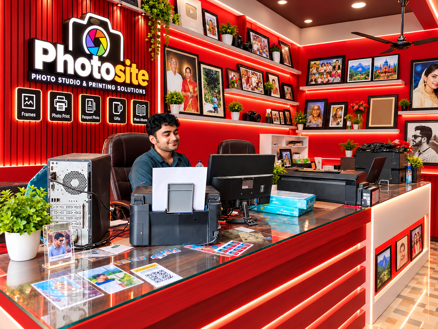 Photosite photo studio with photo frames, printing equipment, and red illuminated walls